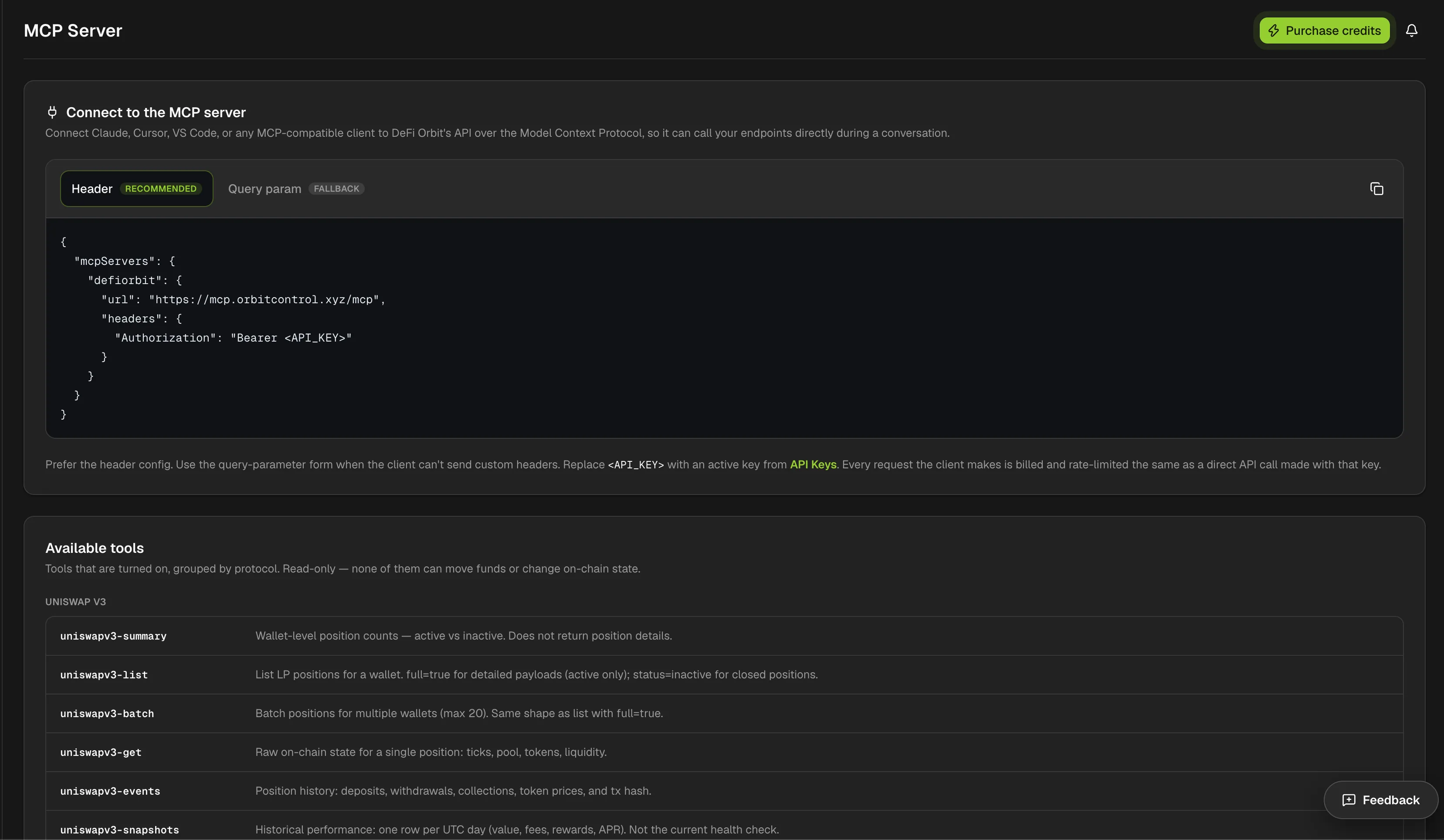 MCP Server page with a JSON connection config using a bearer API key and a list of available read-only Uniswap V3 tools