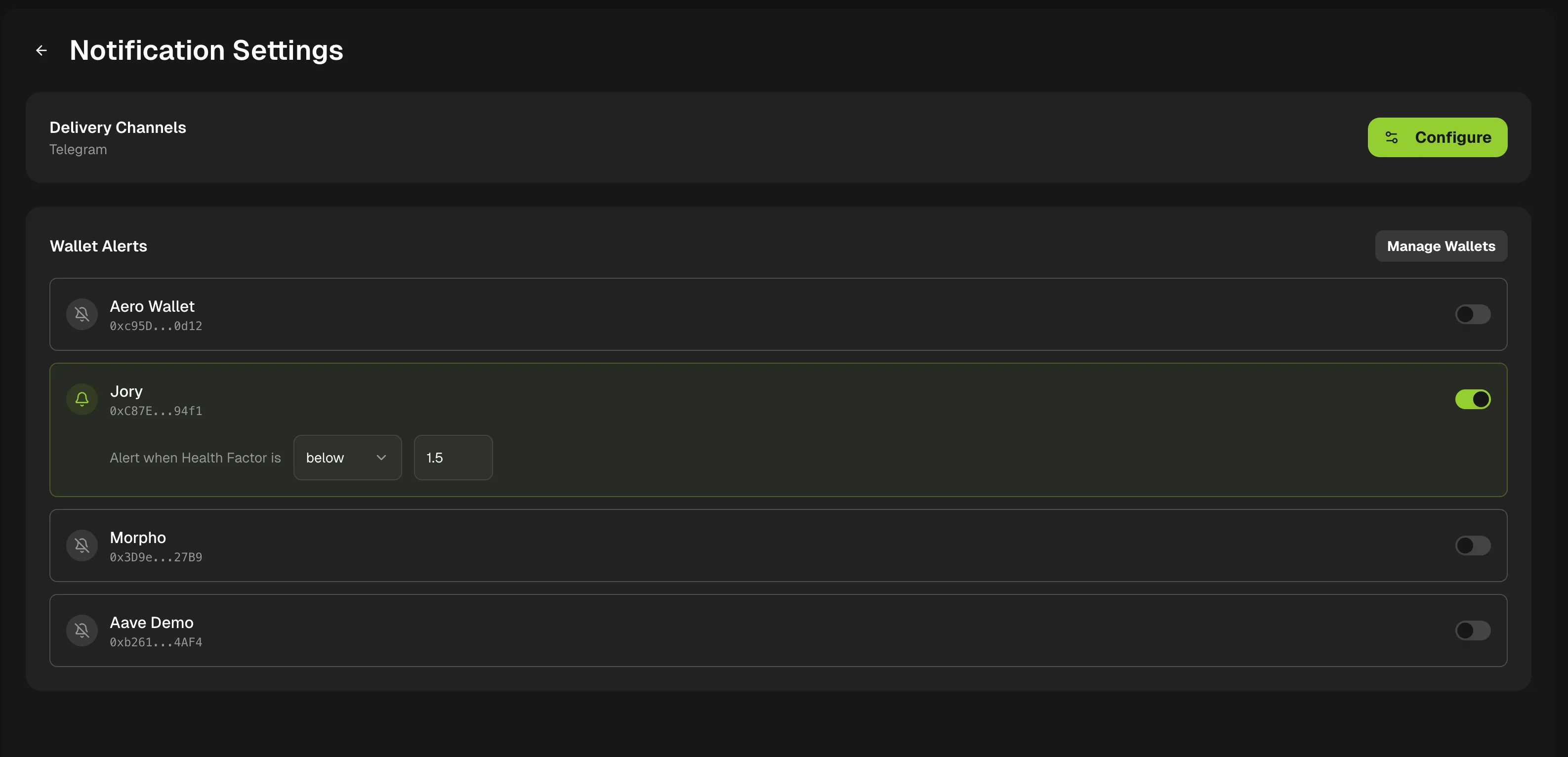 DeFi Orbit notification settings with a health factor alert set to below 1.5
