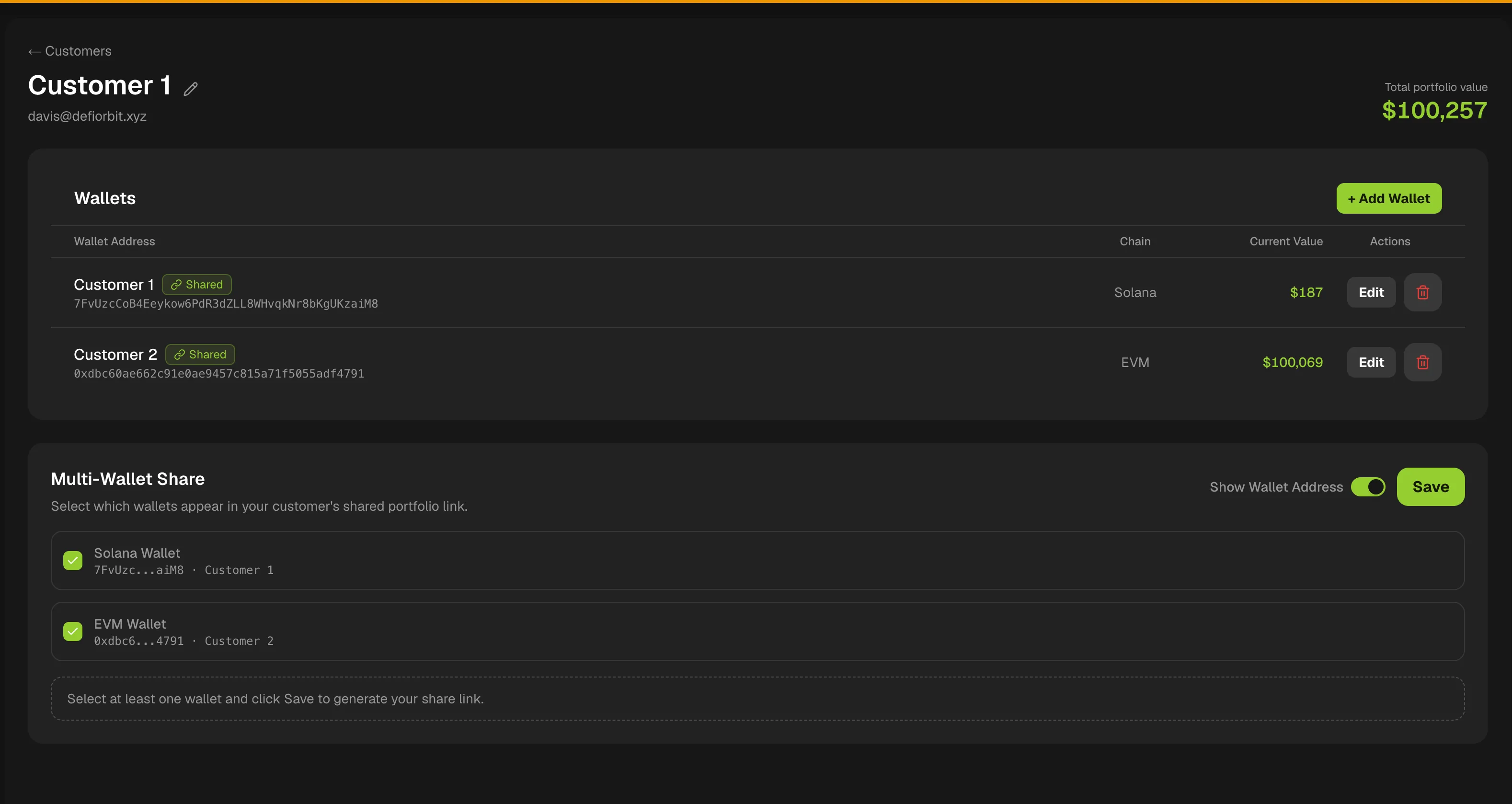 Customer page with total portfolio value, a list of the customer's wallets on Solana and EVM, and a multi-wallet share panel