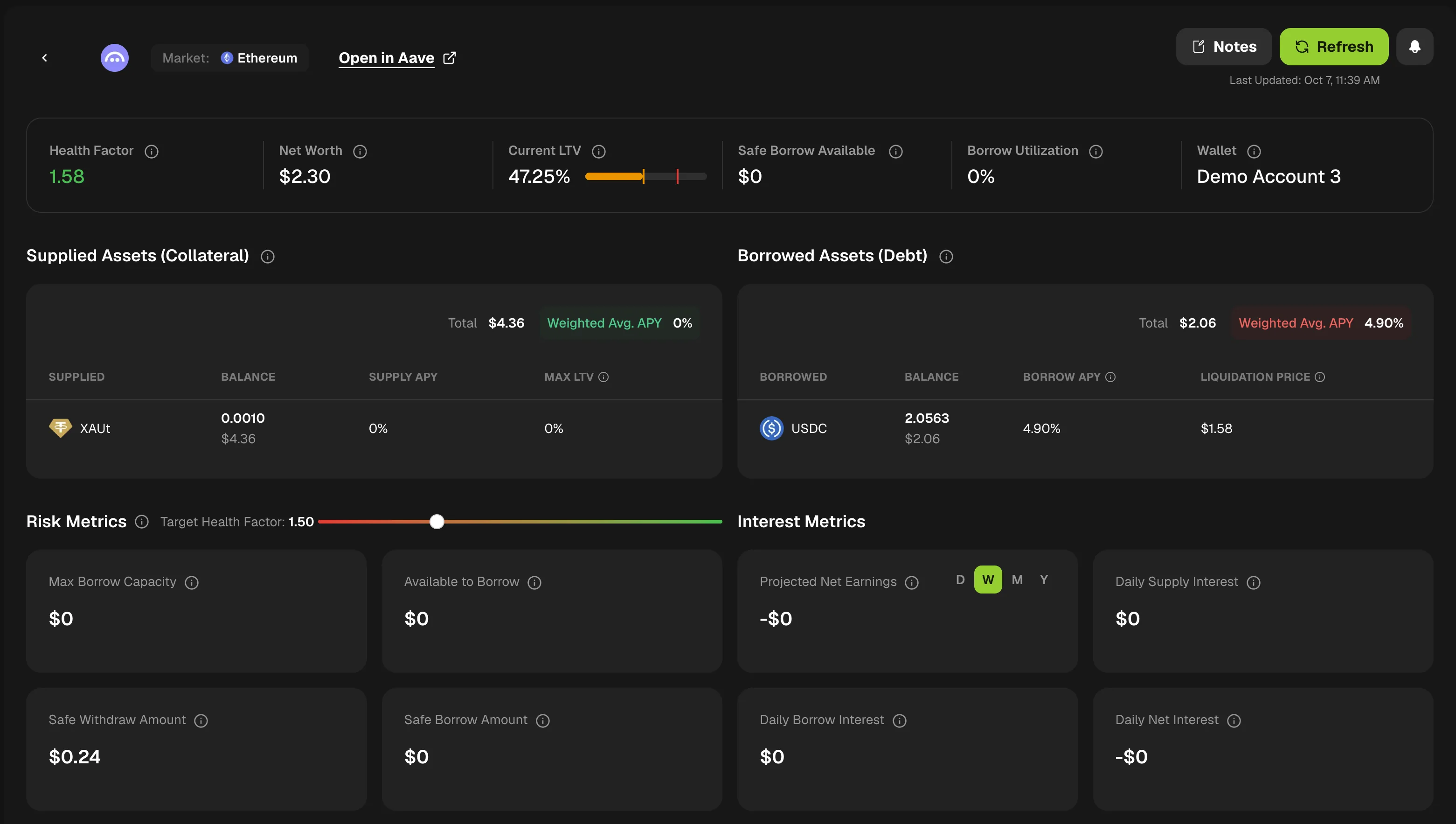 Loan detail with health factor, loan to value, supplied and borrowed assets, risk metrics and interest metrics